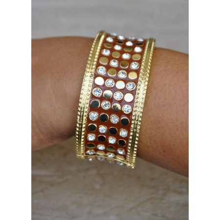 Gold Plated Brown Enamel Cuff Bracelet with Crystals